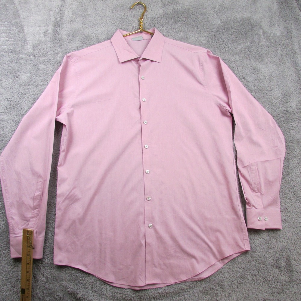 Kenneth Cole Reaction Shirt Mens 17 34/35 Pink Check Slim Stretch Long Sleeve‎